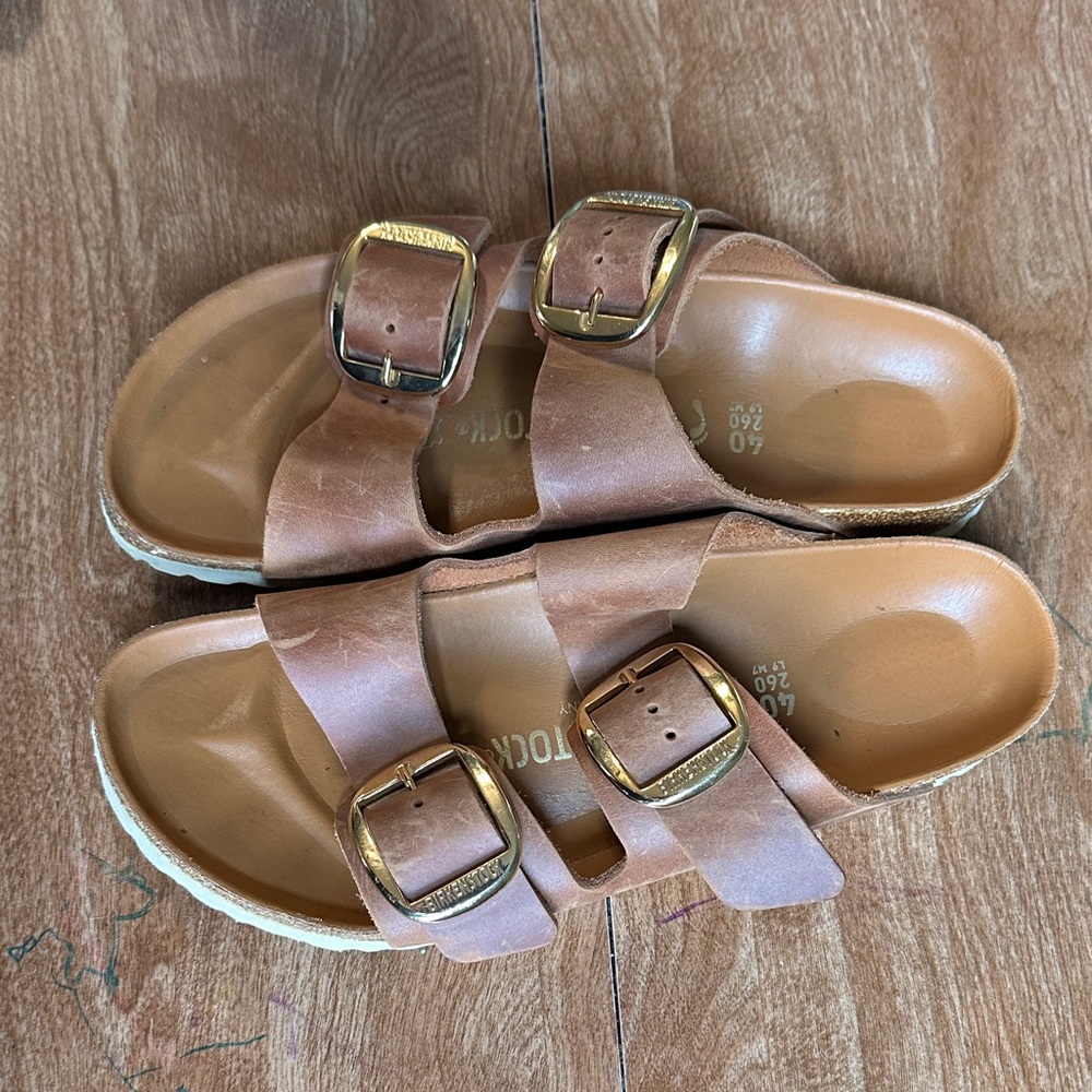 Birkenstock Tan Sandals with Gold Buckles